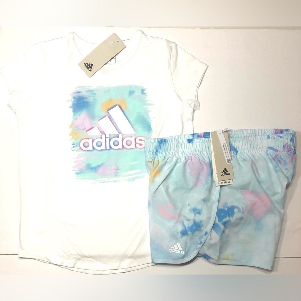 Girls 2 pc Short Set Adidas Athletic Tee Shirt Youth Sports Active Wear M+ Plus